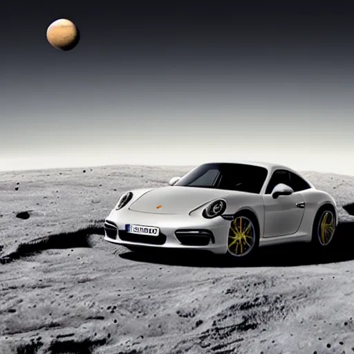 Image similar to porsche driving on the moon io with jupiter large in the sky