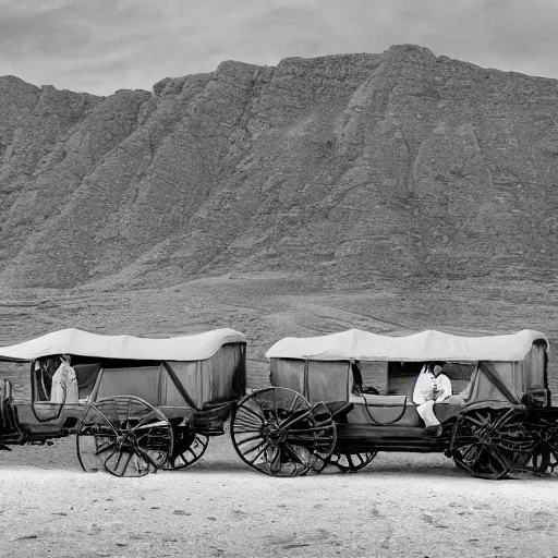 Image similar to a monochromatic sepia photograph of a delorean traveling in a group of covered wagons, trending on art station,