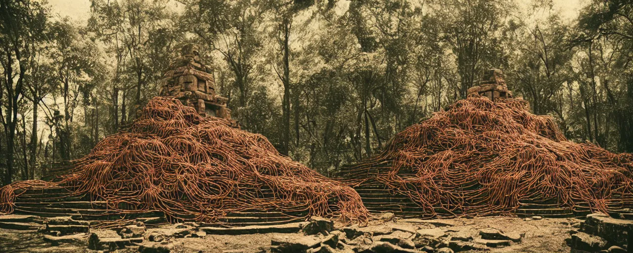 Prompt: an ancient aztec temple in the middle of the forest covered in spaghetti, canon 5 0 mm, cinematic lighting, photography, retro, film, kodachrome