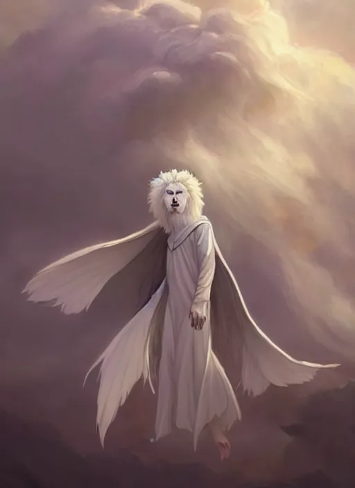 Image similar to religious portrait artwork of an albino male furry anthro lion with giant feathery glowing angel wings flying in the heavenly cloudy sky wearing a silky white cloak blowing in the wind, hazy and Atmospheric . Character design by charlie bowater, ross tran, artgerm, and makoto shinkai, detailed, inked, western comic book art, 2021 award winning film poster painting