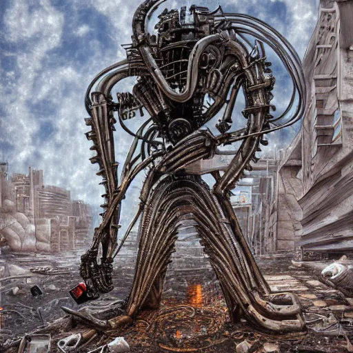 Image similar to flamethrower guitar robot standing in ruined street by Yoshitaka Amano, by HR Giger, biomechanical, 4k, hyper detailed, hyperrealism, anime, a Blood Moon rising on a Broken World, deviantart, artstation