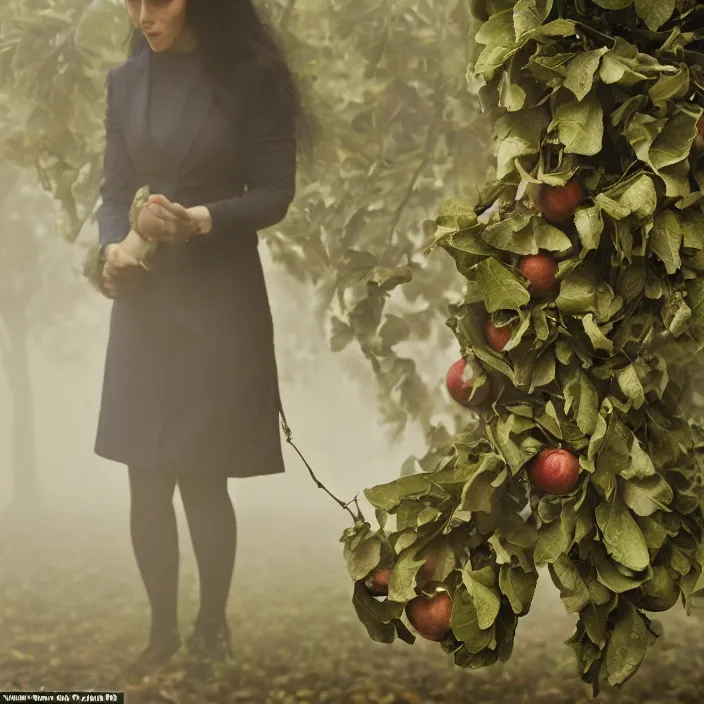 Image similar to a closeup portrait of a woman wearing suit made of leaves and chains, picking apples from a tree, foggy, moody, photograph, by vincent desiderio, canon eos c 3 0 0, ƒ 1. 8, 3 5 mm, 8 k, medium - format print