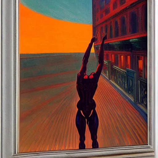 Prompt: biomechanical human raising his hands into the sky of the machine by edward hopper