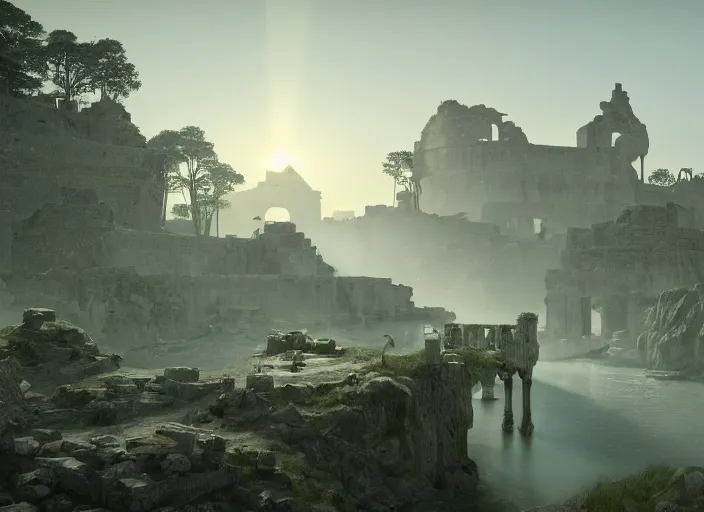 Image similar to a land of ruins of lost civilization with a fort in the middle, pure gold pillars, water tunnels below and a magical time gate to another dimension, a wounded man wearing a white robe standing watching over, dramatic lighting, dawn, by caspar david friedrich, unreal engine 5