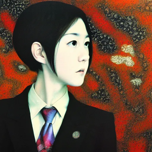 Image similar to yoshitaka amano blurred and dreamy realistic three quarter angle portrait of a young woman with short hair and black eyes wearing office suit with tie, junji ito abstract patterns in the background, satoshi kon anime, noisy film grain effect, highly detailed, renaissance oil painting, weird portrait angle, blurred lost edges