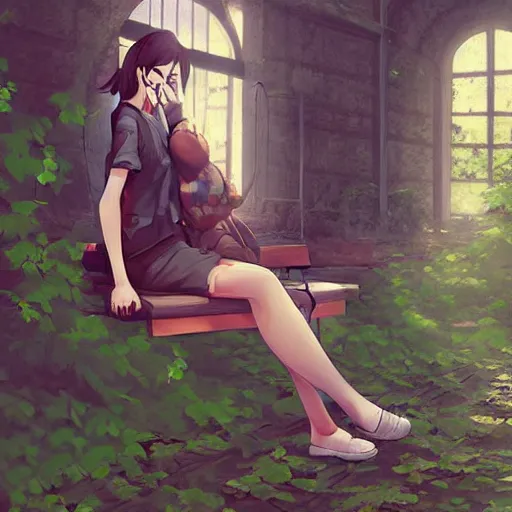 Image similar to advanced digital art. A beautiful girl is sitting on a bench reading in an abandoned train station overgrown with vines and flowers. Digital Anime painting. Sakimichan, WLOP, RossDraws, pixivs, Makoto Shinkai. —H 2160