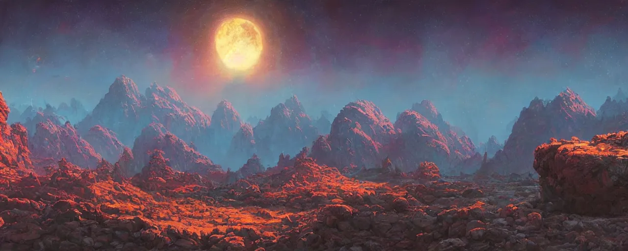 Image similar to ” outer planet with a rugged mountain range, [ art by paul lehr, cinematic, detailed, epic, widescreen, opening, establishing, mattepainting, photorealistic, realistic textures, octane render ] ”