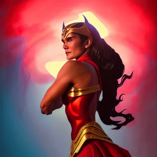 Image similar to iza calzado as darna, volumetric lights, red and cyan theme, art nouveau botanicals, intricate, highly detailed, digital painting, artstation, concept art, smooth, sharp focus, cinematic, illustration, beautiful face, art by artgerm and greg rutkowski and alphonse mucha