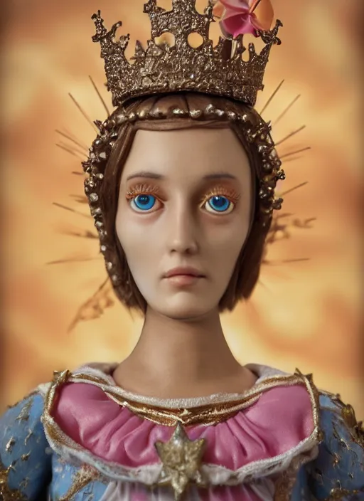 Image similar to closeup face profile portrait of tin toy joan of arc as a fairytale princess wearing a crown eating cakes, bikini, depth of field, zeiss lens, detailed, symmetrical, centered, fashion photoshoot, by nicoletta ceccoli, mark ryden, lostfish, breathtaking, 8 k resolution, extremely detailed, beautiful, establishing shot, artistic, hyperrealistic, octane render
