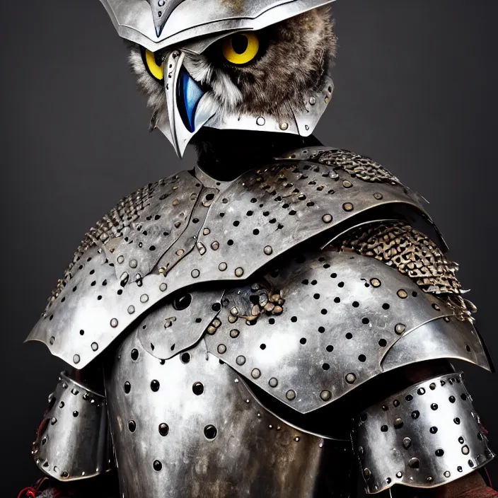 Image similar to portrait photograph of a warrior with metal owl armour. Extremely detailed. 8k