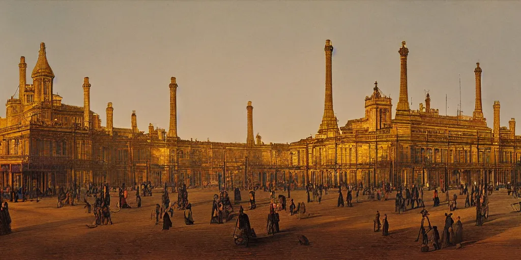 Prompt: a color photograph of the crystal palace, london exhibition of 1 8 5 1, golden hour