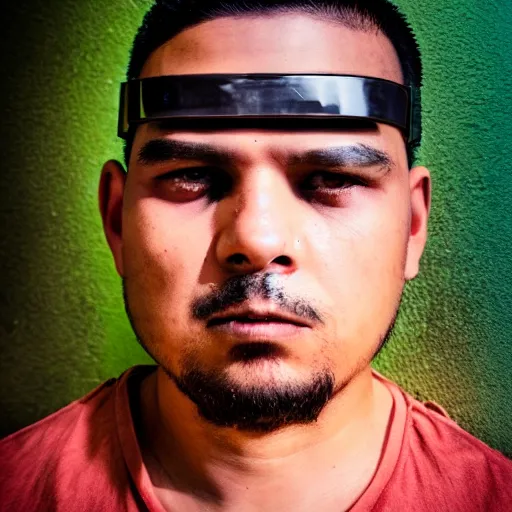 Image similar to a cholo cyberpunk homie photographic portrait