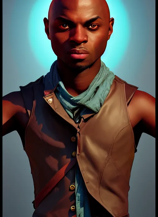 Image similar to An epic fantasy comic book style portrait painting of a young dark skinned thief with broad shoulders and a bald head in a vest, unreal 5, DAZ, hyperrealistic, octane render, cosplay, RPG portrait, dynamic lighting