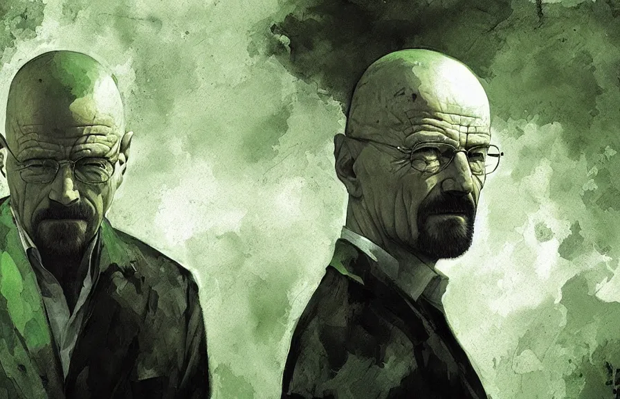 Prompt: walter white receives his reckoning, by greg rutkowski and dave mckean green color palette