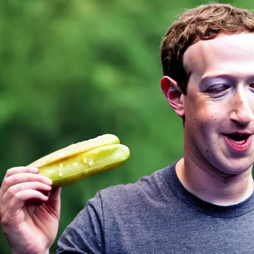 Image similar to mark zuckerberg eating a pickle, 4 k photograph, cinematic, ideal, no artifacts,