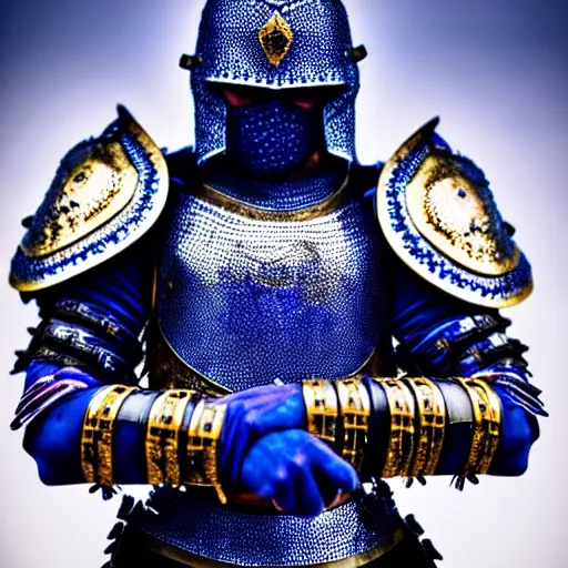 Prompt: photo of a real-life beautiful warrior with sapphire encrusted armour