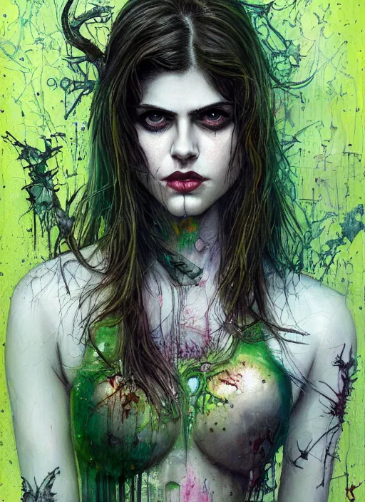 Image similar to a Demon Slayer portrait of Alexandra Daddario, tall, pale-skinned, slender with lime green eyes and long eyelashes by Stanley Artgerm, Tom Bagshaw, Arthur Adams, Carne Griffiths, trending on Deviant Art, street art, face enhance, chillwave, maximalist, full of color, glittering