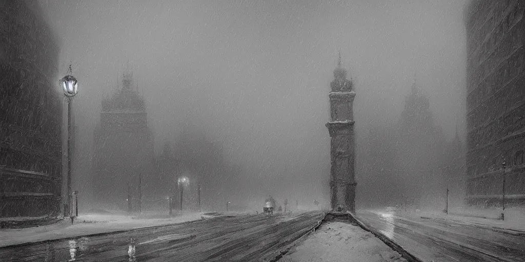 Prompt: 1 9 2 0 s warsaw during an arctic storm, dark, digital art, by james gurney