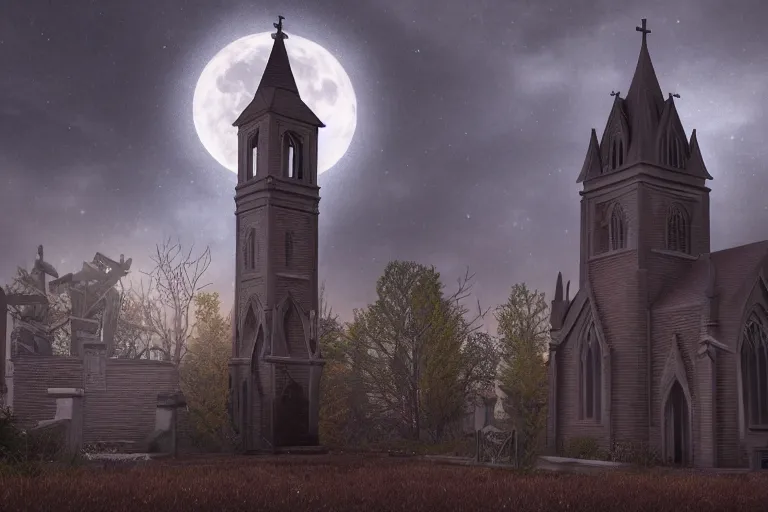 Prompt: an ultra detailed animation of a church steeple in a graveyard at midnight on halloween, digital art, dark fantasy, concept art, soulslike, by alphonse mucha, blood moon eclipse, ruined building in the background, artstation, 8 k, unreal engine render