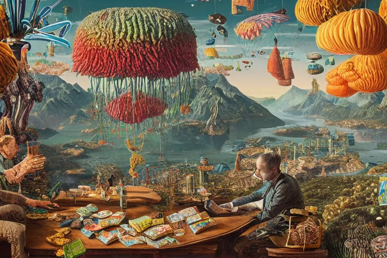 Prompt: a surreal and awe - inspiring bag of crisps on a table, intricate, elegant, highly detailed matte painting by ernst haeckel and simon stalenhag