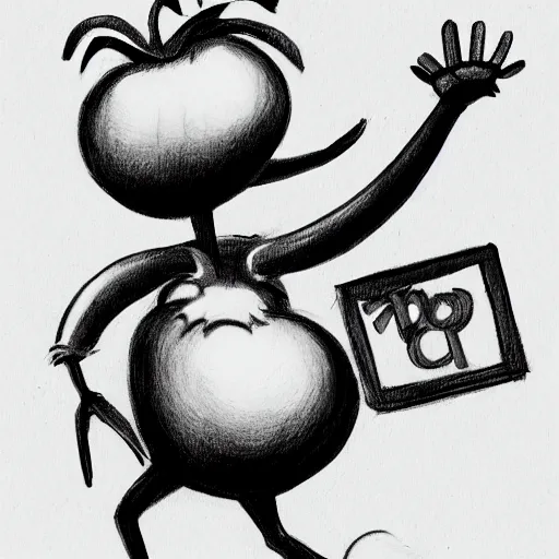 Image similar to concept art of a tomato character with arms and legs, cartoon style, disney style, black and white, pencil drawing, detailed