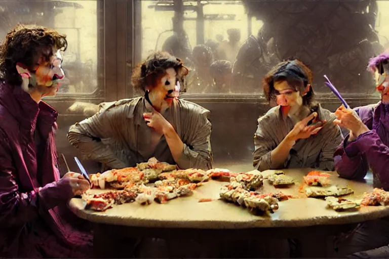 Prompt: timothee chalamet and ana de armas and thanos eating sushi in a gas station, portrait dnd, painting by gaston bussiere, craig mullins, greg rutkowski, yoji shinkawa