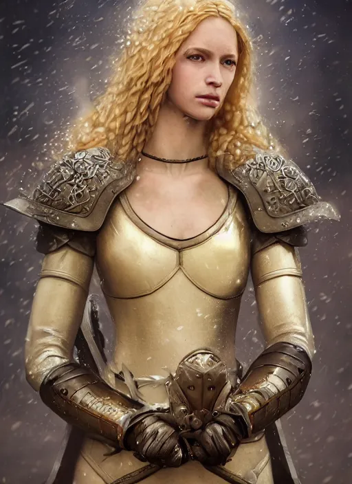 Prompt: An epic fantastic realism comic book style portrait painting of a female medieval warrior, princess, knights long fluffy light golden blond curls of hair, porcelain pale skin, flowers rain everywhere, Concept world Art, unreal 5, DAZ, hyperrealistic, octane render, cosplay, RPG portrait, dynamic lighting