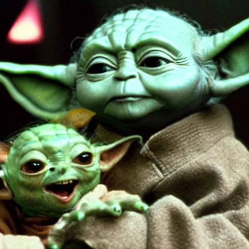 Image similar to baby yoda and yoda from empire strikes back playing with toys