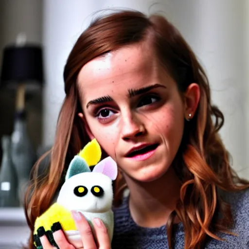 Prompt: Emma Watson eating Furby with ketchup