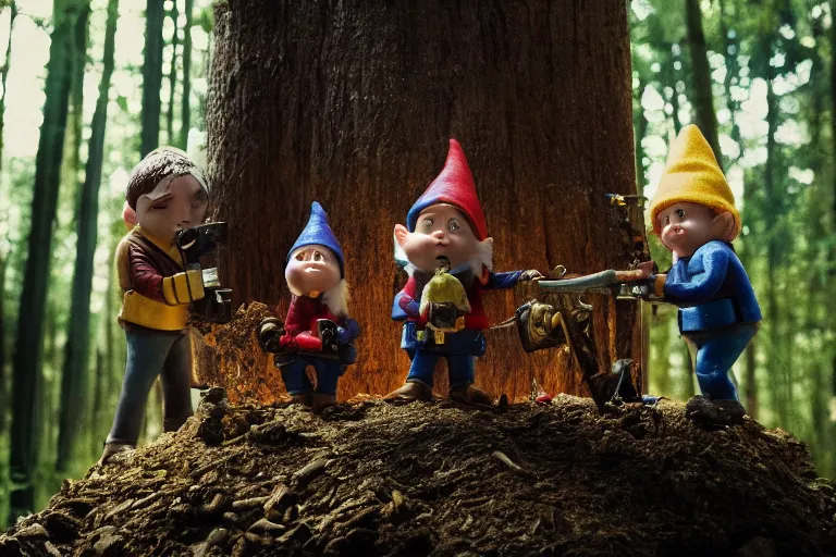 Image similar to movie scene portrait closeup, real life team of tiny gnome people building a tiny house in the forest natural lighting by emmanuel lubezki