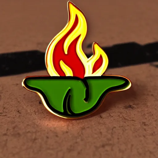 Prompt: a retro minimalistic fire flame in the shape of a jalapeno enamel pin, hd, concept art