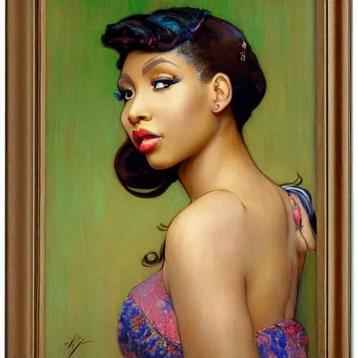 Image similar to romantic painted portrait of nicki minaj by james jean, mucha, andrew loomis, masterpiece