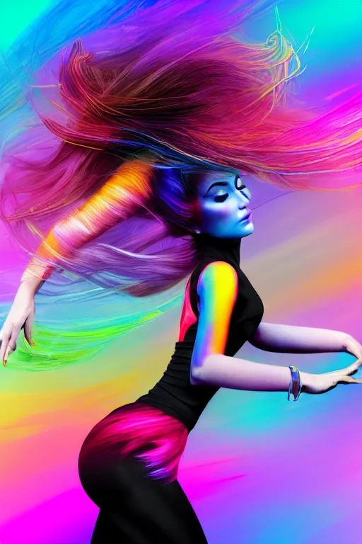 Image similar to a award winning half body portrait of a beautiful woman with stunning eyes in a croptop and leggings with reinbow colored ombre hairstyle head in motion and hair flying while dancing by thomas danthony, surrounded by whirling illuminated lines, outrun, vaporware, shaded flat illustration, digital art, trending on artstation, highly detailed, fine detail, intricate