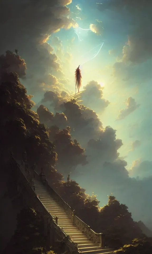 Prompt: stairway to heaven, sky full of clouds, art by greg rutkowski and peter mohrbacher, featured in artstation, octane render, cinematic, elegant, intricate, ultra detailed, rule of thirds, professional lighting, unreal engine, fantasy, concept art, sharp focus, illustration, 8 k