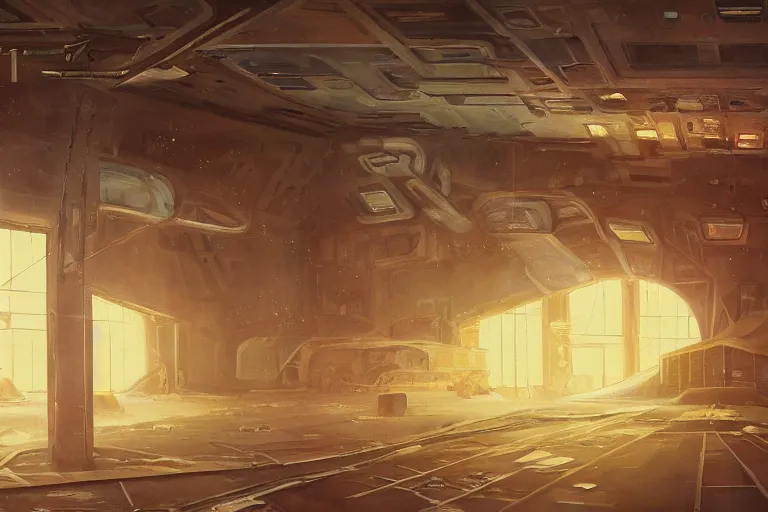 Image similar to A beautiful painting of inside in abandoned rusty space station from kindzadza, Trending on artstation.