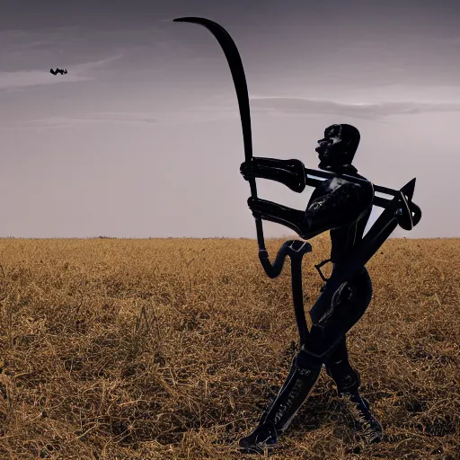 Prompt: black brass war automaton shaped like a farmer wielding a scythe, while striding through a field of amber grain, during a cloudless day with smoke rising in the background, high definition, julien delval, cinematic, ominous