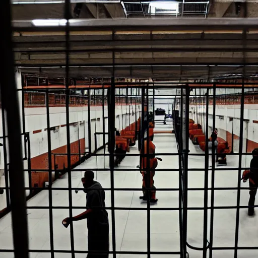 Image similar to inmates with cowheads inside a jailcell