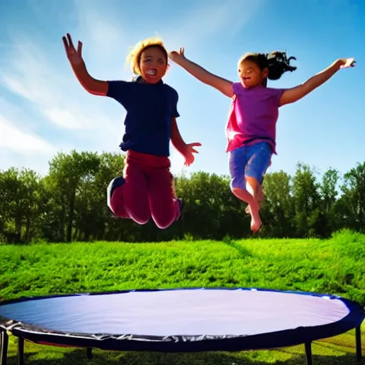 Image similar to children jumping on a trampoline, hyper realistic, amazing, natural lighting