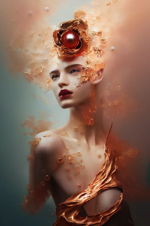 Prompt: 3 d, flowning fashion model, flame, liquid rose gold, pearls, morning, vogue cover style, poster art, high detail, intricate oil painting, multiple exposure, heaven mood, hyperrealism, 3 d, by tooth wu and wlop and beeple and greg rutkowski