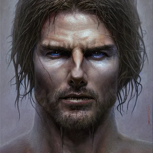 Prompt: portrait of Tom Cruise as demonic Jesus Christ in hood and crown of thorns, dark fantasy, Warhammer, artstation painted by Zdislav Beksinski and Wayne Barlowe