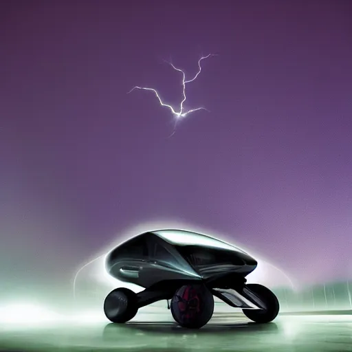 Prompt: futuristic flying car inside a circle made of lightning in the sky, thunderstorm at night, 28mm dramatic photo