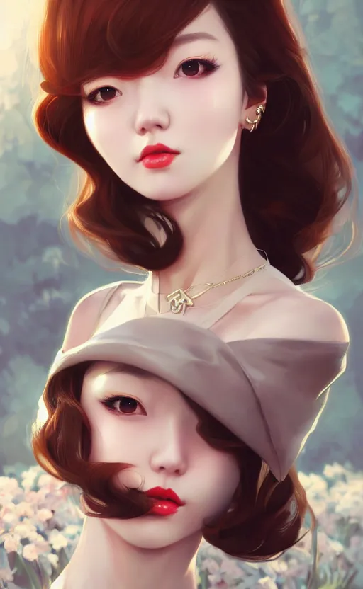 Image similar to a pin up and beautiful fashion charming dreamlke korea girl with lv jewelry, character art, art by artgerm lau and kyoung hwan kim and and ilya kuvshinov and john singer sargent, hyperdetailed, 8 k realistic, symmetrical, frostbite 3 engine, cryengine, dof, trending on artstation, digital art