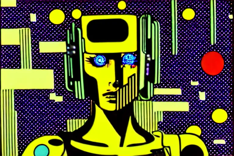 Image similar to ⚠ 👽 💉 ☠ 💢 😱 futuristic japanese cyberpunk by roy lichtenstein, by andy warhol, ben - day dots, pop art, bladerunner, pixiv contest winner, cyberpunk style, cyberpunk color scheme, mechanical, high resolution, hd, intricate detail, fine detail, 8 k