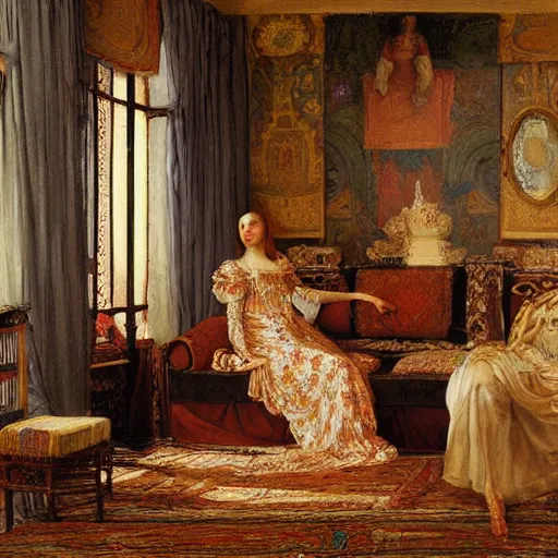 Image similar to a renaissance oil painting by Alma Tadema of a ghost woman inside an intricately decorated living room, pastel color scheme, digital painting, high detail