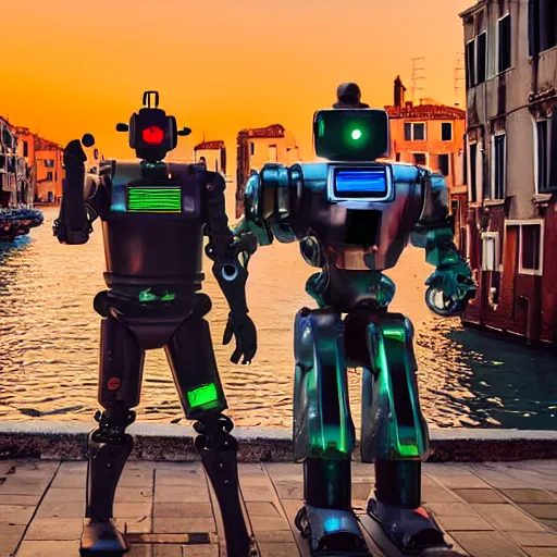 Image similar to two evil humanoid robott with a gun, in venice, cyberpunk style, wide shot, long shot, sunset golden hour