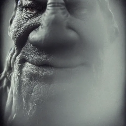 Prompt: a realistic photograph of a orc taken by sally mann, portrait, foggy, hazy, dull colors, detailed, bleak, 70mm