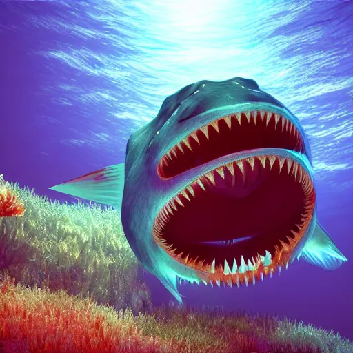 Prompt: Giant fish with sharp teeth swimming in the ocean, thalassophobia, octane render, caustics, volumetric lighting, 4K