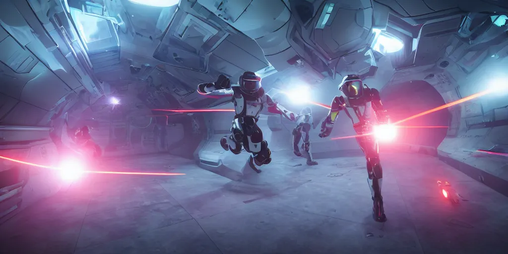 Image similar to futuristic spacemen firing lasers in zero gravity, skintight suits, floating, floating polygon shapes as obstacles, surrounded by a laser grid, unreal engine, lensflares, low perspective