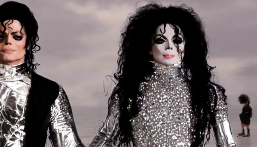 Prompt: michael jackson and lady gaga in a surreal futuristic music video