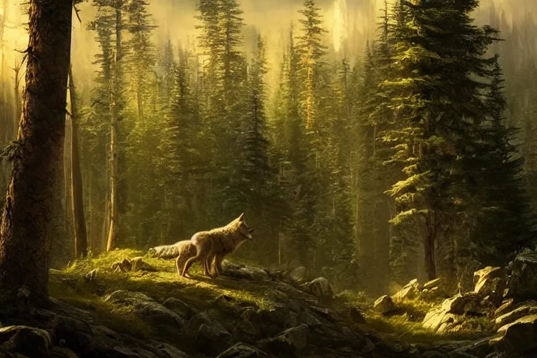 Prompt: two wolves in the forest, beautiful dynamic lighting, cinematic, wide angle establishing shot, extremely high detail, cinematic lighting, post processed, concept art, artstation, matte painting, style by frederic church, raphael lacoste